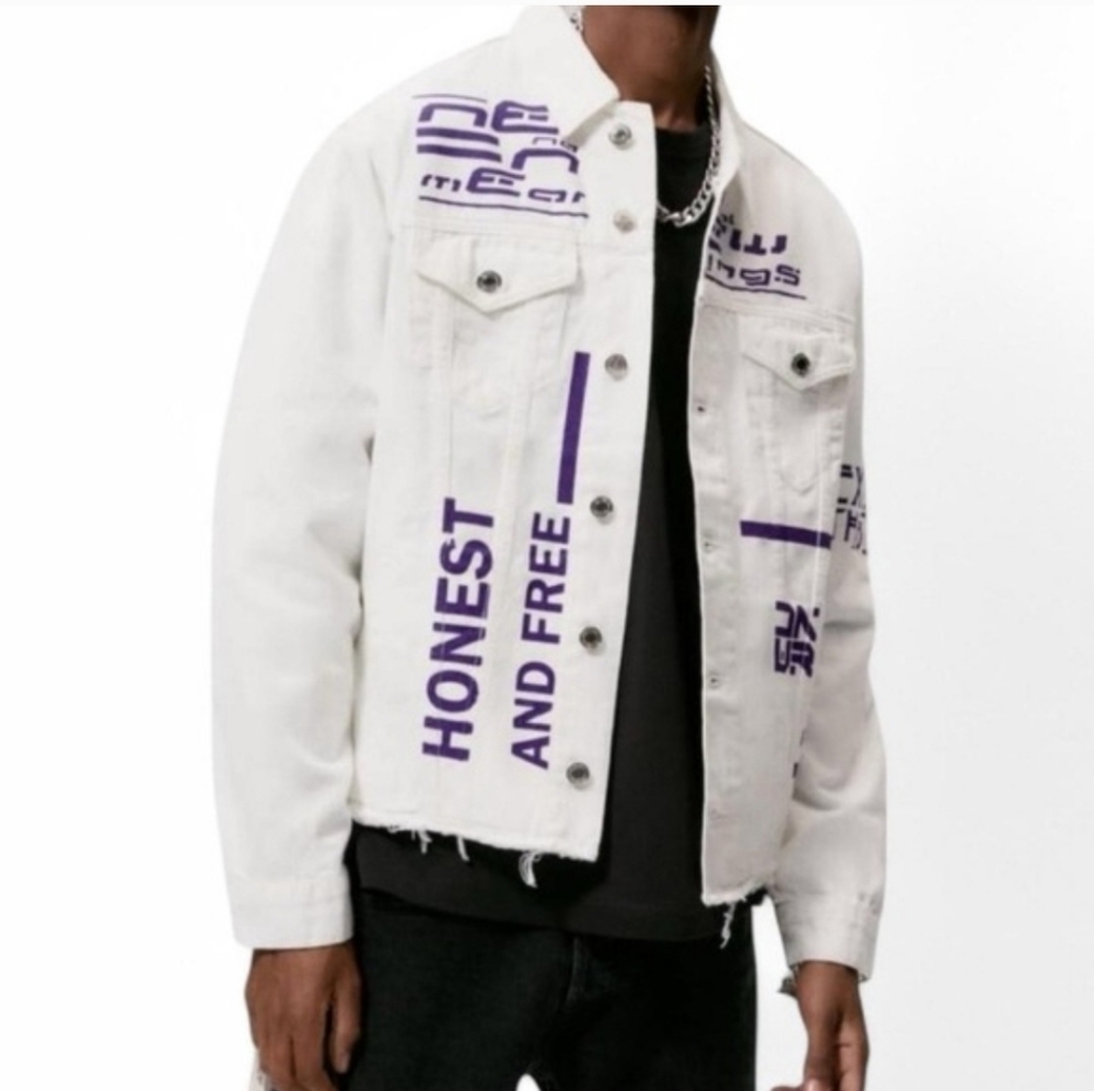 Zara "Explore The Absence" Graphic Denim Button Front Jacket Size Large